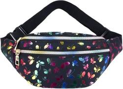 Holografische Bauchtasche für Damen und Mädchen, Schmetterlingsdruck, Hüfttasche mit verstellbarem Riemen, modische Gürteltasche für Rave-Festivals, Schwarz , Klassisch von Theaque