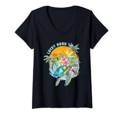 Damen Lucky Honu Polynesischer Stil Meeresschildkröte und Plumerias Design T-Shirt mit V-Ausschnitt von Therapy Designs