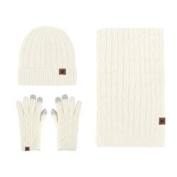 Thigies Damen Wintermütze, Schal und Handschuhe, Strickmütze, Schal Set und Touchscreen-Handschuhe, 3-teiliges Winter-Set, beige, One size von Thigies