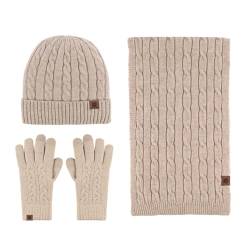 Thigies Damen Wintermütze, Schal und Handschuhe, Strickmütze, Schal Set und Touchscreen-Handschuhe, 3-teiliges Winter-Set, khaki, One size von Thigies