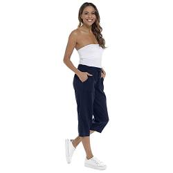 Thingimijigs Damen Leinen-Mischgewebe, kurze 3/4-Länge, lässige Sommerhose mit Taschen, navy, 36 von Thingimijigs