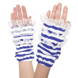 Think Jeck! Fingerlose Handschuhe Ringel Handstulpen mit Spitze UNISEX (Blau Weiß) von Think Jeck!