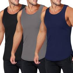 Herren 3er Pack Quick Dry Workout Tank Top Fitnessstudio Muskel T-Shirt Fitness Bodybuilding Ärmelloses T-Shirt(A-Schwarz/Grau/Marineblau,S) von ThinkSTEM