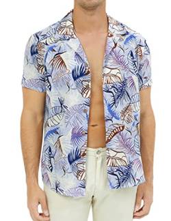 ThinkSTEM Hawaiihemd Herren Kurzarm Hawaii Print Funky Sommerhemd Floral Casual Baumwolle Hemd für den Urlaub Blau Blatt S von ThinkSTEM