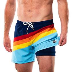 Third Wave Badehose mit Kompressionsfutter – Herren Premium 12,7 cm Schrittlänge schnell trocknende Badeshorts für Strand und Schwimmen, Gestreiftes Vintage-Stil, L von Third Wave