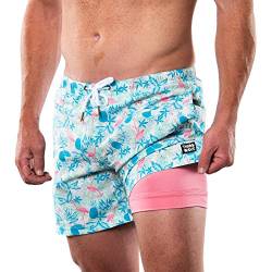 Third Wave Badehose mit Kompressionsfutter – Herren Premium 12,7 cm Schrittlänge schnell trocknende Badeshorts für Strand und Schwimmen, Miami Palms, Medium von Third Wave