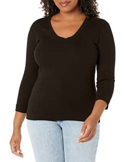 Three Dots Essential Damen T-Shirt mit tiefem V-Ausschnitt, 3/4-Ärmel, schwarz, Groß von Three Dots