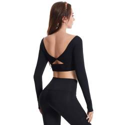 ThreeH Damen Workout Yoga Oberteile Open Back Gepolstert Bra Langarm Shirts mit Daumenloch,Schwarz von ThreeH