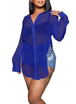 Damen-Bluse, durchsichtig, mit Knopfleiste, sexy, langärmelig, Netzstoff, durchsichtig, B Blau, Groß von ThusFar