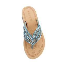 TianBin Frauen Mode Sommer Glitzer Perlen Sandalen Flip Flops Strand Flach T-Strap Zehentrenner Bequeme für Damen (Blau, 36 EU) von TianBin