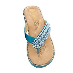 TianBin Zehentrenner Damen rutschfest Böhmen Sandalen T-Strap Lässig Flip Flops Flache mit Glitzer Perlen (Blau, 42 EU) von TianBin