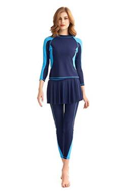 TianMaiGeLun Damen Ganzkörper Badeanzug Langarm Langbein Badebekleidung mit Schwimmrock Set Rash Guard (Blue, 5XL) von TianMaiGeLun