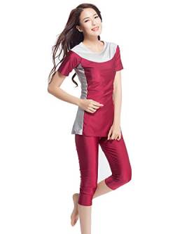 TianMaiGeLun Muslimische Bademode Badeanzug Full Cover Bescheidene Badebekleidung Modest Muslim Swimwear Beachwear Burkini Kurzarm Tops und Hose 2-Teilige Modest Bademode Sets (Wein-Rot, 2XL) von TianMaiGeLun