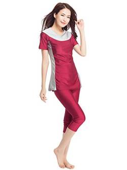 TianMaiGeLun Muslimische Bademode Badeanzug Full Cover Bescheidene Badebekleidung Modest Muslim Swimwear Beachwear Burkini Kurzarm Tops und Hose 2-Teilige Modest Bademode Sets (Wein-Rot, XS) von TianMaiGeLun