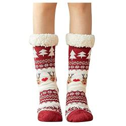 TianWlio Damen Socken mit Weihnachten Motiv Baumwolle Superweiche, warme, mit Fleece gefütterte Grippers Slipper Wintersocken für Damen Bunte Lustige Socken Damen Weihnachtssocken von TianWlio