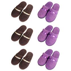 Tianmao 6 Paar Damen Slipper Hotelslipper Frottierslipper Herren Hausschuhe mit Geschlossenen Zehen Universalgröße 28.5*11cm Korallenvlies Gästepantoffeln, 3 Braun Lila, Einheitsgröße von Tianmao