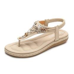 Tianmao Damen Sandalen Sommerschuhe Flip Flops PU Leder Flach Elastischen Zehentrenner, Größe 36-42 (41 EU, Beige) von Tianmao