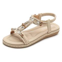 Tianmao Damen Sommer Strand Sandaletten Bohemian Flach Zehentrenner Flip Flops PU Leder Sandalen mit Strass von Tianmao