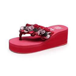 Tianmao Flip Flops Zehentrenner - Damen Sommer Beach Strand Blumen Keilabsatz Sandalen Pantoletten (35 EU, Rot) von Tianmao