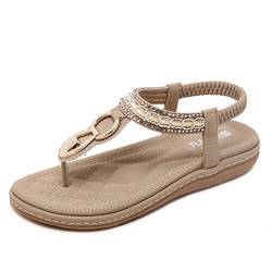 Tianmao Sandalen Damen Sommer Bohemia Schuhe Soft Flache Sandaletten Strass Gr.35-44 (39 EU, Beige) von Tianmao