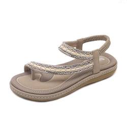 Tianmao Sandalen Damen Sommer Bohemia Schuhe Soft Flache Sandaletten Strass Strand Zehentrenner (38 EU, Beige) von Tianmao