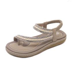 Tianmao Sandalen Damen Sommer Bohemia Schuhe Soft Flache Sandaletten Strass Strand Zehentrenner (39 EU, Beige) von Tianmao