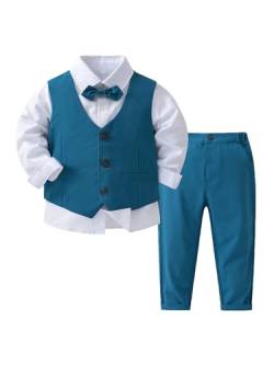 TiaoBug Baby Jungen Festlich Anzug Set Langarm Weißes Hemd + Anzugweste + Anzughose + Fliege Hochzeits Party Taufe Kleidung Blau 110-116 von TiaoBug