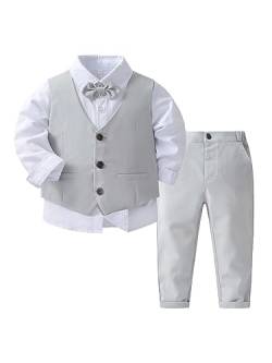 TiaoBug Baby Jungen Festlich Anzug Set Langarm Weißes Hemd + Anzugweste + Anzughose + Fliege Hochzeits Party Taufe Kleidung Grau 110-116 von TiaoBug