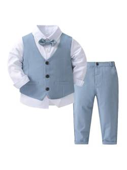 TiaoBug Baby Jungen Festlich Anzug Set Langarm Weißes Hemd + Anzugweste + Anzughose + Fliege Hochzeits Party Taufe Kleidung Hellblau 104-110 von TiaoBug