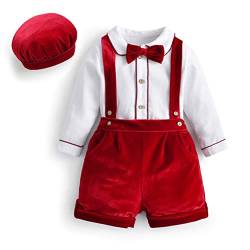 TiaoBug Baby Jungen Weihnachtsoutfit Gentleman Hemd Druck Bluse + Rote Fliege + Anzug Hose mit Y-Form Hosenträger Weihnachten Kostüme Bekleidungsset Rot B 68-74 von TiaoBug