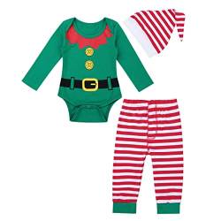 TiaoBug Baby Jungen Weihnachtsoutfits Weihnachten Elfen Kleidung Set Babykleidung mit Aufdruck Santa Kostüm Set aus Mütze, Langarm Body und Streifen Hose Grün 74-80 von TiaoBug