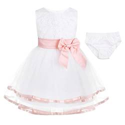 TiaoBug Baby Mädchen Kleidung Set aus Kleid + Slip Neugeborenes Taufkleid Partykleid Schleife Blumenmädchen Kleider Geburtstag Festzug Outfits 0-24 Monate Pearl Pink 74-80 von TiaoBug