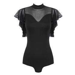 TiaoBug Damen Ballett Trikot Netz/Mesh Spleiß Body Ärmellos Ballettanzug Sport Tanz Bodysuit Rückenfrei Gymnastikanzug Kurz Overalls Jumpsuit Schwarz B M von TiaoBug