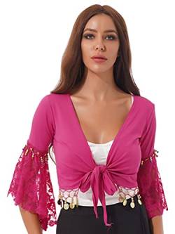 TiaoBug Damen Bauchtanz Kostüm Oberteil Langarm Spitzen Trompetenärmel Jäckchen Binden Top Knoten Shirts Bluse mit Münze Quasten Hot Pink B 3XL von TiaoBug