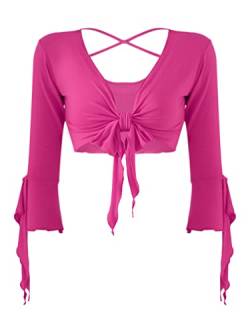 TiaoBug Damen Bauchtanz Kostüm Oberteil Langarm Spitzen Trompetenärmel Jäckchen Binden Top Knoten Shirts Bluse mit Münze Quasten Hot Pink E Einheitsgröße von TiaoBug