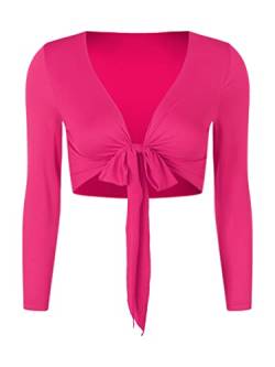 TiaoBug Damen Bauchtanz Kostüm Oberteil Langarm Spitzen Trompetenärmel Jäckchen Binden Top Knoten Shirts Bluse mit Münze Quasten Pink G XL von TiaoBug