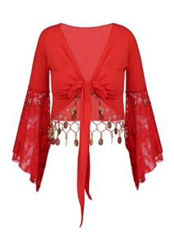 TiaoBug Damen Bauchtanz Kostüm Oberteil Langarm Spitzen Trompetenärmel Jäckchen Binden Top Knoten Shirts Bluse mit Münze Quasten Rot 3XL von TiaoBug