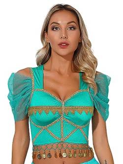 TiaoBug Damen Bauchtanz Kostüm Oberteil mit Münzen Schulterfrei Tunika Shirts Kurz Bauchfrei Crop Top Belly Dance Outfits Türkis B M von TiaoBug