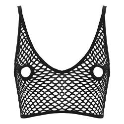 TiaoBug Damen Fishnet Bustier Tank Top Shirt mit Cut-Outs Nippelfrei BH Bra Erotik Dessous Sexy Lingerie Transparentes Netzoberteil in Schwarz Schwarz 3XL von TiaoBug