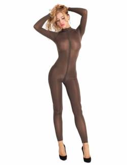 TiaoBug Damen Ganzkörperanzug Jumpsuit Einteiler Hose Overall Halb-transparent Body Bodysuit eng sexy Kostüm Catsuit mit Reisverschluss Dessous Unterwäsche Coffee L von TiaoBug