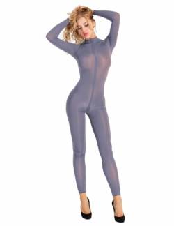 TiaoBug Damen Ganzkörperanzug Jumpsuit Einteiler Hose Overall Halb-transparent Body Bodysuit eng sexy Kostüm Catsuit mit Reisverschluss Dessous Unterwäsche Grau M von TiaoBug