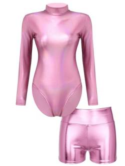 TiaoBug Damen Glänzend Ballettanzug Langarm Ballett Trikot Tanz Body Metallic Turnanzug Gymnastikanzug Dancewear Rosa mit Shorts G L von TiaoBug