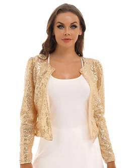 TiaoBug Damen Glänzend Pailletten Jacke Cardigan Langarm Pullover Bolero Tops kurz Oberteile eleganter Blazer Glitzer Party Outfits Clubwear Gold E L von TiaoBug