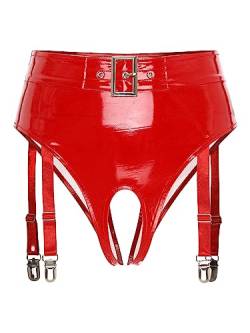 TiaoBug Damen Lack Leder Hot Pants High Waist Ouvert-Slip Bikini Hose Hipster Mini Slip mit Rüschen mit Strumpfhalter Gothic GoGo Outfits Kostüm Rot Brasilien L von TiaoBug