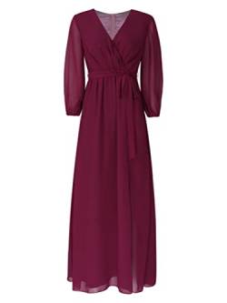 TiaoBug Damen Langarm Chiffon Kleid V-Ausschnitt Langes Brautjungfernkleid Festlich Abendkleider Cocktailkleider mit Schlitz Hochzeits Outfits Weinrot 46 von TiaoBug