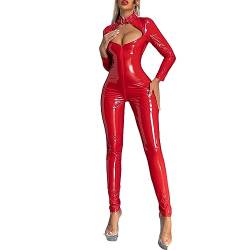 TiaoBug Damen Leder Ouvert Catsuit Wetlook Bodysuit ärmellos Jumpsuit Overalls mit 2-Wege-Reißverschluß glänzend Ganzkörperanzug Clubwear Rot J XL von TiaoBug