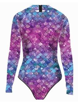 TiaoBug Damen Meerjungfrau Badeanzug Wetlook Bademode Fisch Schuppen Print Langarm Body Tops Sexy Jumpsuit Overalls Einteiler Reizwäsche Blau Lila M M von TiaoBug