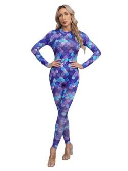 TiaoBug Damen Meerjungfrau Badeanzug Wetlook Bademode Fisch Schuppen Print Langarm Body Tops Sexy Jumpsuit Overalls Einteiler Reizwäsche Typ G L von TiaoBug