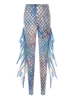 TiaoBug Damen Meerjungfrau Leggings Glänzend Hose Pants mit Tüll Schlaghose Fischschuppen Druck Faschingskostüm Karneval Verkleidung Gold Blau D S von TiaoBug