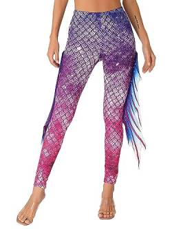 TiaoBug Damen Meerjungfrau Leggings Glänzend Hose Pants mit Tüll Schlaghose Fischschuppen Druck Faschingskostüm Karneval Verkleidung Pink&Lila D M von TiaoBug